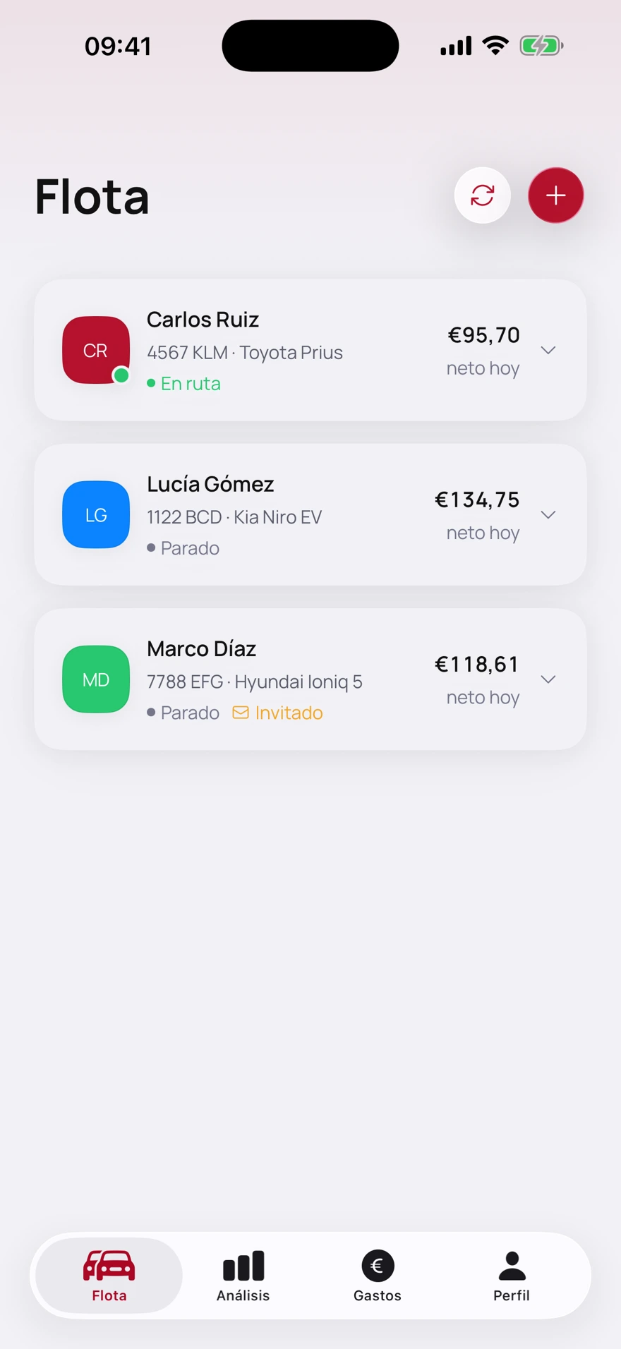 Pantalla de flota con la jornada en curso de un conductor en un iPhone