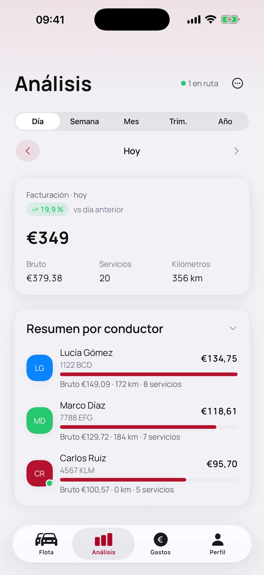 Pantalla de resumen con la facturación del mes por coche en un iPhone